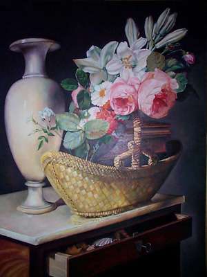 Nicolas Berjon : Bouquet de lis et de roses dans une corbeille posée sur une chiffonière 