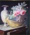 Nicolas Berjon : Bouquet de lis et de roses dans une corbeille posée sur une chiffonière